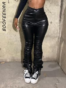 Vrouwen Broek BOOFEENAA Lage Taille Ruches Gestapeld Met Bandjes Hip Streetwear Zwart Kunstleer Sexy Vrouwen Kleding C85-DH34