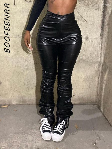 Pantalon femme BOOFEENAA taille basse ruché empilé avec bretelles Hip Streetwear noir Faux cuir Sexy femmes vêtements C85-DH34