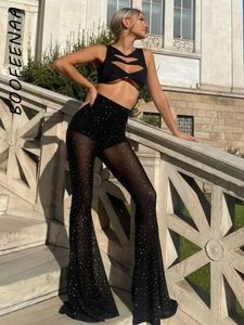 Pantalon Femme BOOFEENAA Sparkle Mesh Noir Voir à travers Bell Bottom Femmes Sexy Party Club Taille élastique Flare Rave Tenues C66-CD14