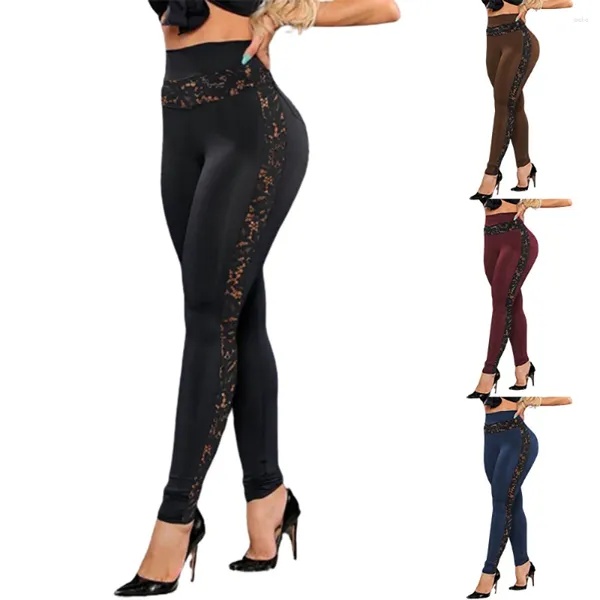 Pantalones de mujer Estilo británico Diseño ahuecado Encaje Elástico Talle alto Slim Fit Largo con glúteos levantados Deportes