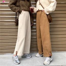 Damesbroek bruine corduroy dikke wide been dames Koreaanse mode beige broek vrouwelijke oversized hoge taille winter 2024 los