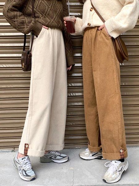 Pantalones de mujer de pana marrón, pantalón grueso informal de cintura alta, pantalón de pierna ancha para mujer, pantalones holgados de color Beige Harajuku Vintage para invierno para mujer