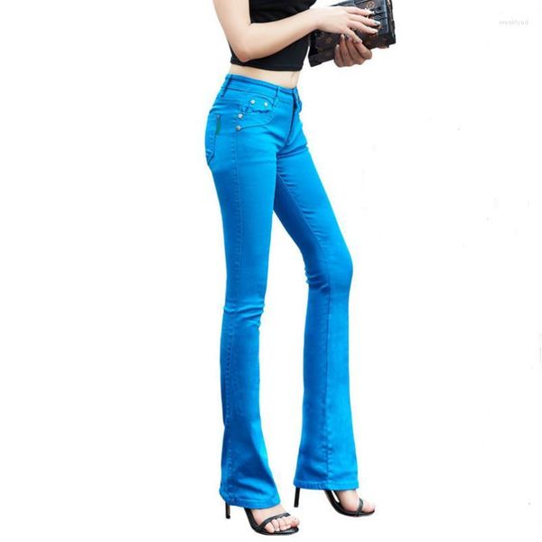 Pantalones para mujer Botón Jeans para mujer Colores de caramelo Cuerno para alto elástico Flaco Estiramiento Formal Trabajo de oficina