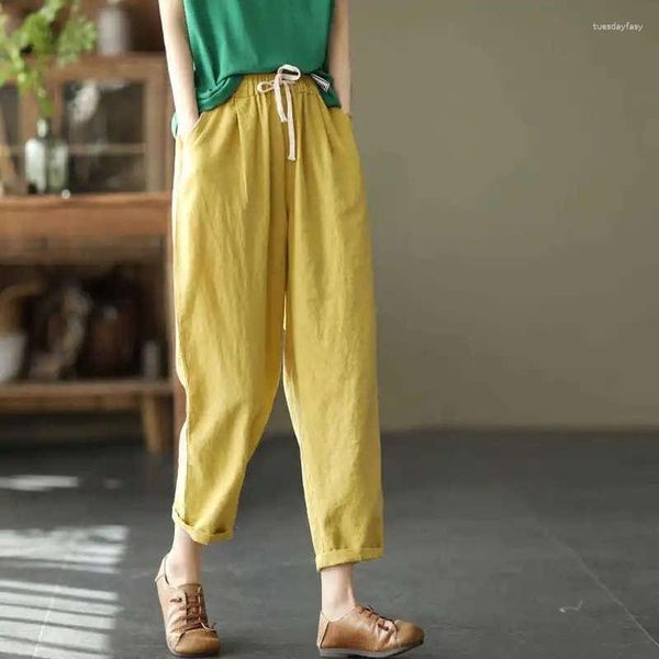 Pantalones de mujer Colores caramelo Cintura elástica Hasta el tobillo Mujer Verano Harem Vintage Algodón Lino Capri FCasual Loose Plus Size C8147