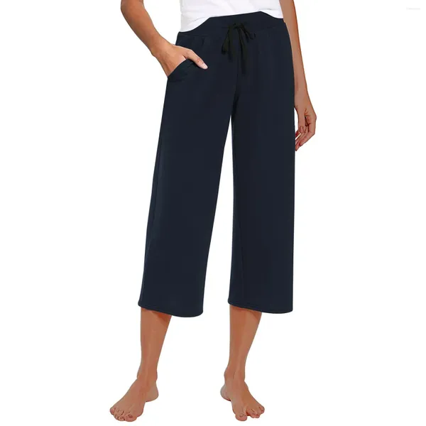 Pantalones de mujer Capri Yoga pantalones de chándal de entrenamiento con cordón sueltos bolsillos causales pierna ancha hasta la pantorrilla para pantalones femeninos