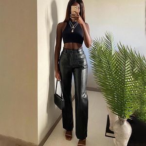 Damesbroek Capris 2022 Autumn Street Wear Women Fashion High Taille Leather Casual Solid Color Rechte been met zakken