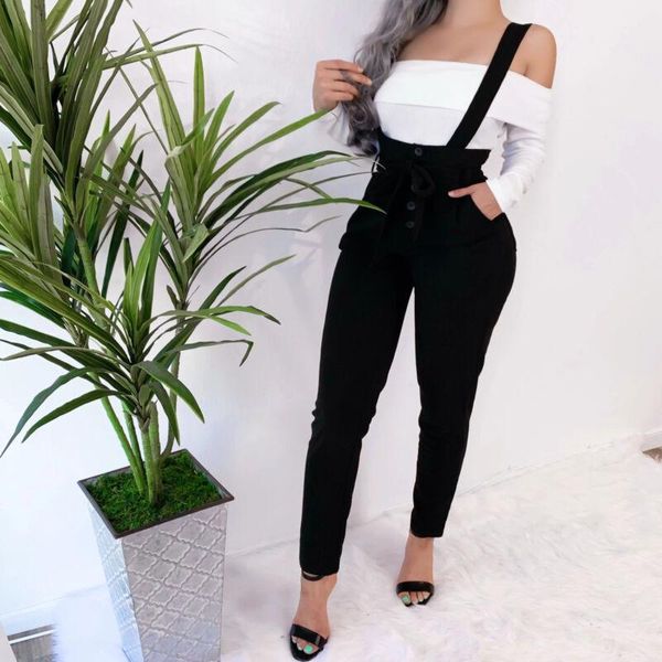 Pantalon femme Capris 2023 femmes offre taille haute boutons pantalons longs mode maigre dame noir sangle crayon femme poches bretelles