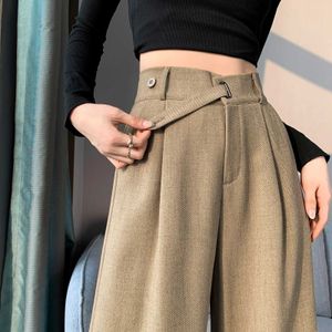 Pantalon féminin Capris 2024 Coton Linage haute taille taille large jambe pantalon complet printemps été femelle élégante minimalisme droit de pantalon lâche y240528