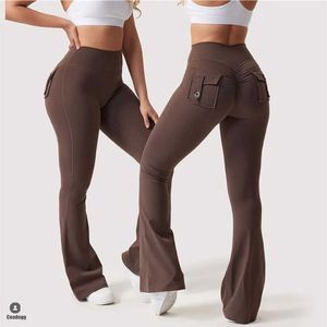 Pantalon féminin Capris 2024 Nude Pocket Button Button Flare Legging High Wide Jam Le jambe Womens Fitness Fitness Latin Dance Pantalon Activité Bottom Y240504