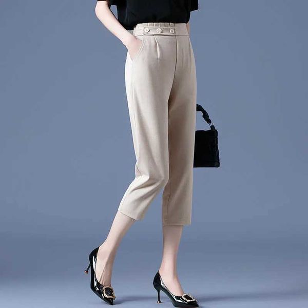 Pantalon féminin Capris Amond Womens High Waited Elastic Lignet Black Quarter Pants avec boutons décoratifs à la taille adaptés à la perte de poids Y240422