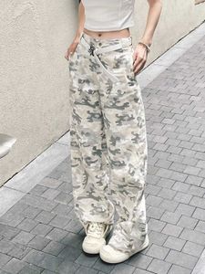 Damesbroeken capris Amerikaans retro contrasterende camouflage rechte jeans dames nieuwe straat trendy clown wide been broek harajuku casual losse q240508