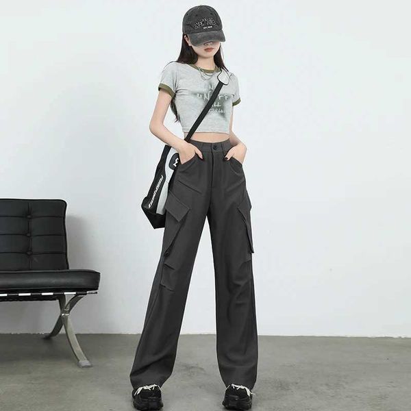 Pantalon féminin Capris American Retro High Street Trend Loose Amorting Works Womens Grey Pocket Bouton Spring Spring Sweet Straight Pants Q240508