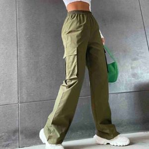 Pantalones de mujer Capris Pantalones cargo verde militar para mujer Pantalones de pierna ancha de cintura alta Ropa de calle de entrenamiento con bolsillos grandes Trajes casuales para correr JoggersL2403