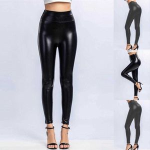 Pantalon femme Capris cuir artificiel jambe longue serré taille haute polyester élastique confortable pantalon plissé hiver femme P230602