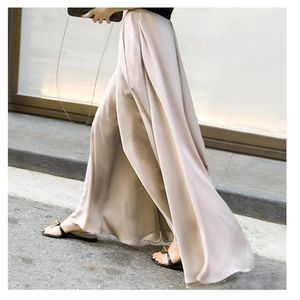 Pantalon Femme Capris Asual Satin Flare Maxi Large Jambe Femmes Taille Haute Solide Mince Pantalon En Mousseline De Soie Lâche 2021 Jupe D'été Plus Taille P-130