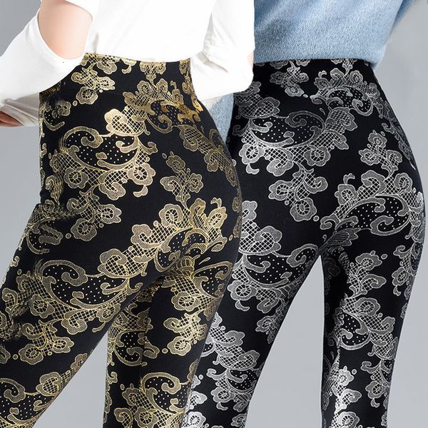 Pantalons pour femmes Capris automne hiver paillettes florales femmes paillettes chaud velours Leggings pantalon taille haute élastique noir bas crayon pantalon 230310