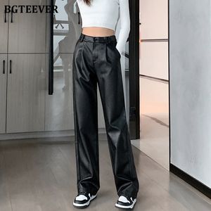 Pantalones de mujer Capris BGTEEVER elegante elegante suelto mujer PU pantalones de cuero Otoño Invierno moda señoras alta cintura recta pantalones de cuero de imitación 230425