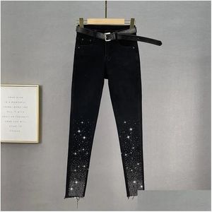 Pantalon Femme Capris Jeans Noir Pour Femme À La Mode Automne Hiver Taille Haute Minceur Strass Crayon Rue Stretch Maigre Trouse Dhquj