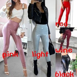 Merk vrouwen hoge taille magere broek glanzende pu octrooi lederen leggings broeken club feest sexy slank fit solide mode