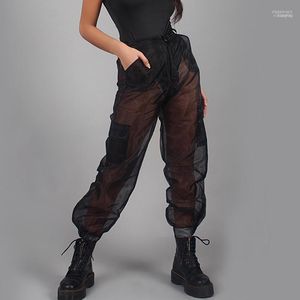 Pantalon femme Capris BSTCOCHI Sexy noir maille Cargo femmes voir à travers pantalon dames Transparent blanc coupe ample PartyClub Wear1