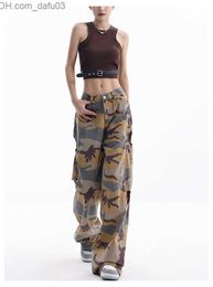 Damenhose, Caprihose, Camo-Jeans, gerade Retro-Jeans mit hoher Taille, koreanische Damen-Jeans mit weitem Bein, Y2K-Jeanshose in voller Länge, Z230809