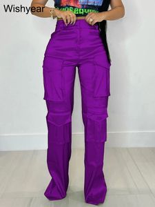 Damesbroeken Capri Casual Hoge taille Rechte broek met knoopsluiting Nachtcluboutfits voor dames Street chic Zijdeachtig satijn Multi-zakken Cargo 231208