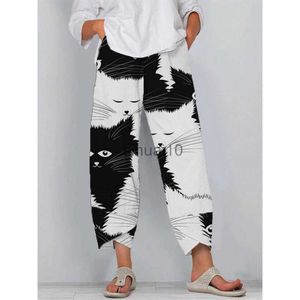 Pantalon Femme Capris CLOOCL Pantalon Femme Dessin Animé Mignon Chat Noir et Chat Blanc Motif Pantalon Imprimé 3D Taille Élastique Double Poche Pantalon de Salon J230605