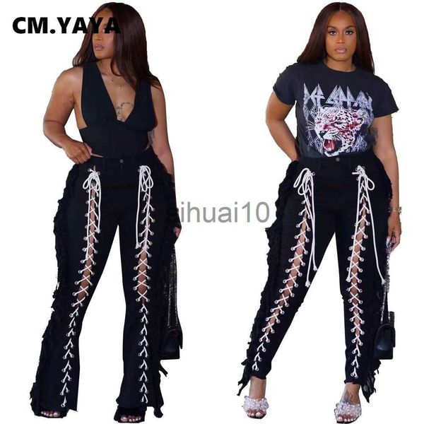 Pantalon Femme Capris CM.YAYA Femmes Noir Oeillet À Lacets Évider Gland Côté Pantalon 2022 Nouveau Streetwear Élégant Chic Pantalon J230705