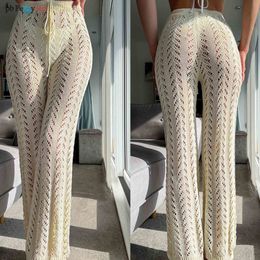 Damesbroek capris haak net sexy dames badmode kanten riem holle gebreide brede been broek Europees Casual Beach Suit broek Y2K 230520