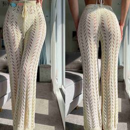 Pantalons pour femmes Capris Crochet Net Sexy Femmes Maillot De Bain À Lacets Cordon Évider Tricoté Pantalon Large Jambe Européenne Casual Plage Cover Up Pantalon Y2K T230531