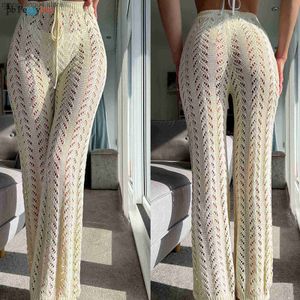 Damesbroek capris haaknet net sexy vrouwen zwempak vatte lower up lower out out gebreide brede been broek Europees Casual Beach Cover Up broek Y2K T230531