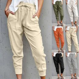 Damesbroeken Capris Cross Border zomer nieuwe vaste kleur eenvoudig kanten casual dames hoge taille ultra dunne slanke fit broek y240422