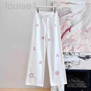 Damesbroeken capris designer merk ch witte zware industrie roze geborduurde letter wide been jeans 2024 lente nieuwe hoge taille recht 7y4g