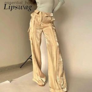 Pantalon féminin Capris Fashion Casual Loose Pocket Cargo Pants 2024 Spring Tie Street Straight Panters Femmes Retro Colored Silk Wide Jam Leg Pantal C240411