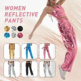 Dames Broek Capri Goud Roze Glanzend Metallic Rechte Pijpen Broek Vrouwen Casual Elastische Taille Broek Modeshow Disco Holografische Party Laser Broek 230603