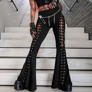 Pantalon féminin capris goth sombre grunge strtwear bandage noir pantalon cyber gothique punk creux pantalon flare femmes emo