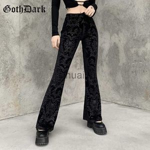 Pantalones de mujer Capris Goth Dark Vintage Floral Scratched Gothic Pants Velvet High Waist Flaco Flare Pantalones para mujer Otoño Invierno Streetwear 2021 J230605