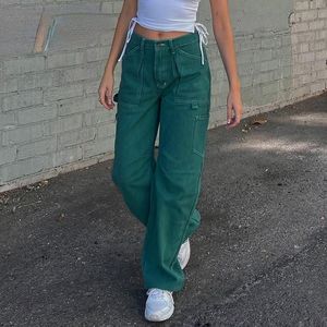 Damesbroek Capris Groene Casual Vintage Denim Broek Dames Losse Baggy Straight Cargo Katoen Koreaanse Streetwear Jeans 2021