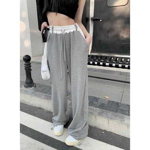 Damesbroeken Capris Gray Y2K Pants Jazz Dames broek Koreaanse mode sportbroek Trous -broek vrouwen breed been kleding strtwear high strt jingpants y240509