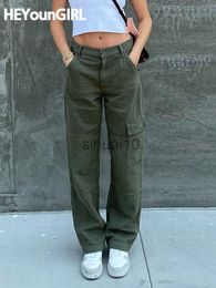 Pantalon Femme Capris HEYounGIRL Casual Vintage Vert Pantalon Cargo Femmes Mode Coton Taille Haute Jeans Armée Militaire Denim Pantalon Dames Poches J230605