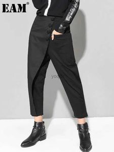 Damesbroeken capris hoge elastische taille zwarte asymmetrische casual broek nieuwe los fit broek dames modetrend veer en herfst 2024 1DF4648L2405