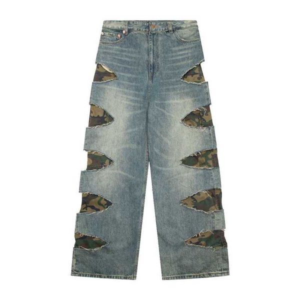 Pantalones de mujer Capris Versión alta B Paris cuchillo corte agujero camuflaje jeans de doble capa tendencia casual sueltos pantalones largos para hombres y mujeres ins XLWZ