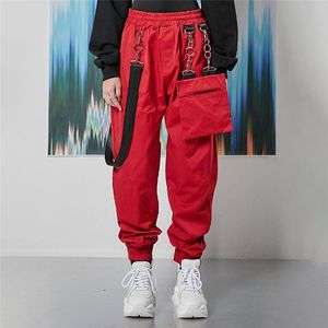 Pantalon Femme Capris Taille Haute Streetwear Chaîne Métallique Cargo Pantalon Femme Gothique Automne Hiver Rouge Noir Pantalon avec Poche Sac Harajuku Harem Joggers 230619