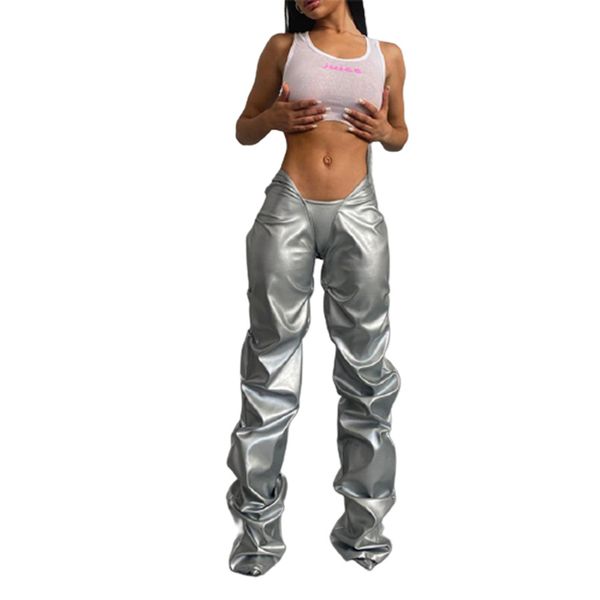 Pantalon femme Capris taille haute plissé en cuir PU pantalon Sexy taille basse rue tir droit pantalon décontracté