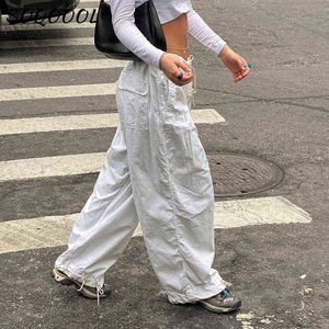 Pantalon Femme Capris Hippie Y2K Pantalon Cargo Femme Taille Basse Pantalon de Survêtement Poches à Cordon Baggy Pantalon Large Jambe Coréenne Vintage Blanc Parachute Pantalon 0908H