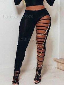 Damesbroek capris hirigin sexy hoge taille gescheurde leggings vrouwen zwarte slanke gaten broek met goudketen potloodbroek casual mode kleding t240227