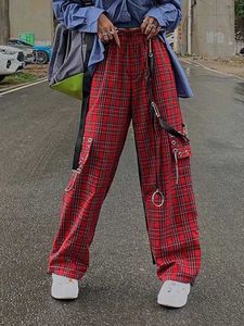 Pantalon féminin Capris Houzhou Pung Panse de cargaison Pantalon Femmes Gothic Harajuku Red Checkered Lignet Pantal
