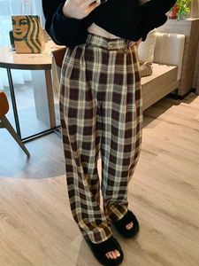 Pantalon féminin Capris Houzhou Pantalon à plaid brun vintage Femmes surdimension