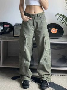 Pantalon féminin Capris Houzhou Y2k Grn Cargo Jeans Femmes Vintage 90S Strtwear Pantalon de denim de jambe large HIGH STRT HARAJUKU POCHETS MULTY POCHETS Y240509