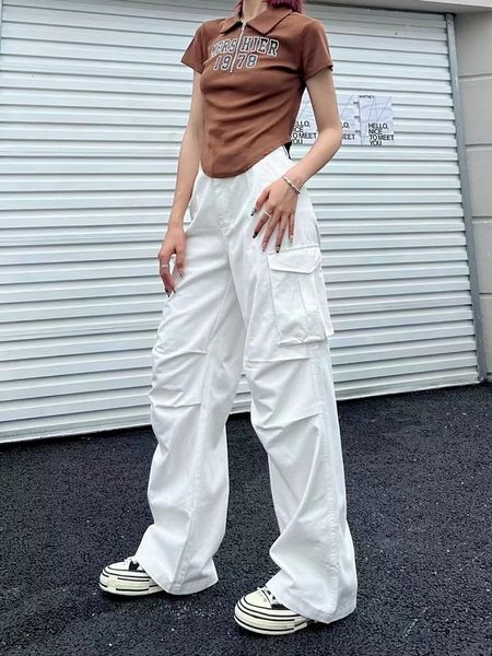 Pantalons pour femmes Capris Houzhou Y2K rétro blanc Cargo pantalon femmes Vintage années 90 esthétique surdimensionné marron Parachute pantalon femme hippie larges poches 230417